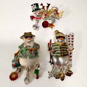 Lot 3 Christmas Snowman Brooch Dangling Charms Enamel Holiday Pins AJMC